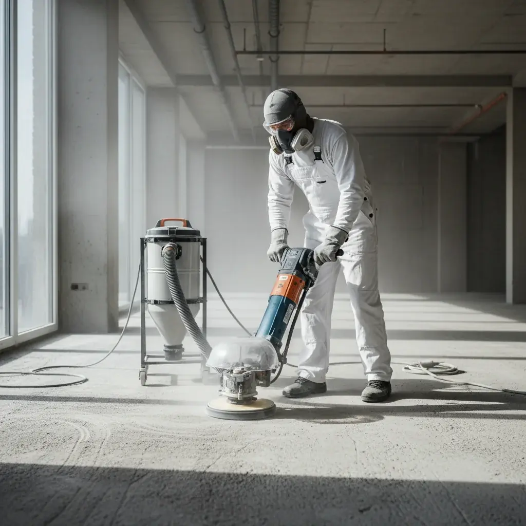 Diamond grinder prepping concrete floor with dust extraction, worker in PPE