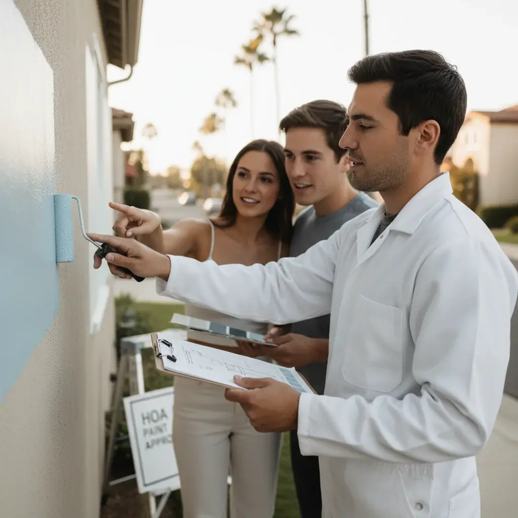 A painter holds up an HOA sample board against a stucco exterior wall in a master-planned community.