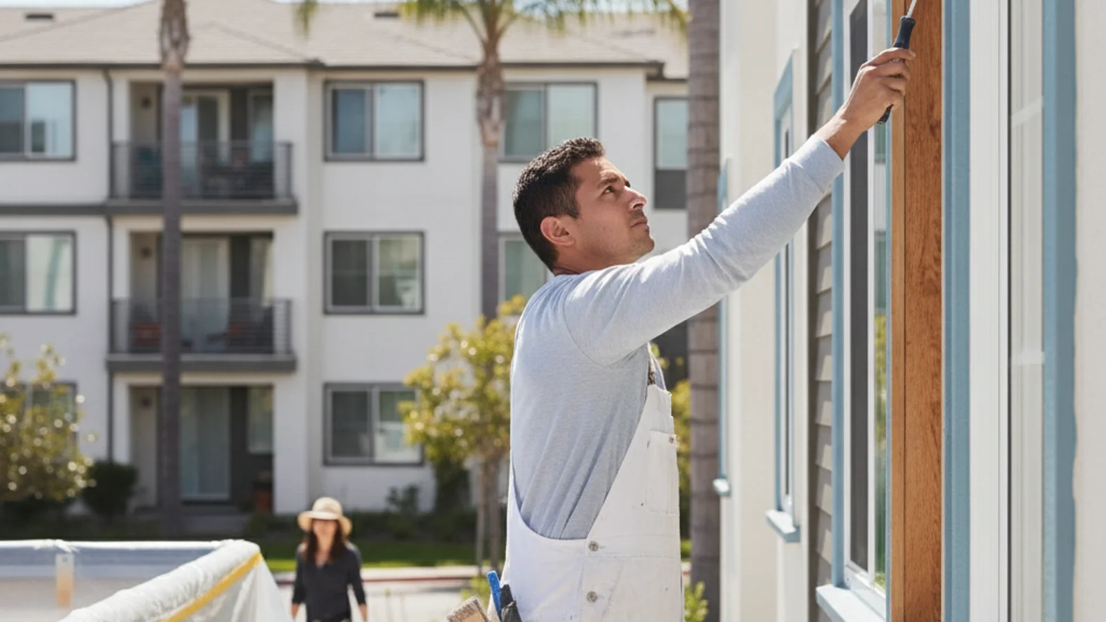 An HOA board and an independent painting contractor reviewing a phased site plan at an occupied San Diego condo property.