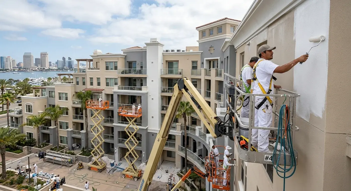 A multi-unit residential condominium complex in San Diego mid-repaint, with crews on lifts working an elevation at a time.