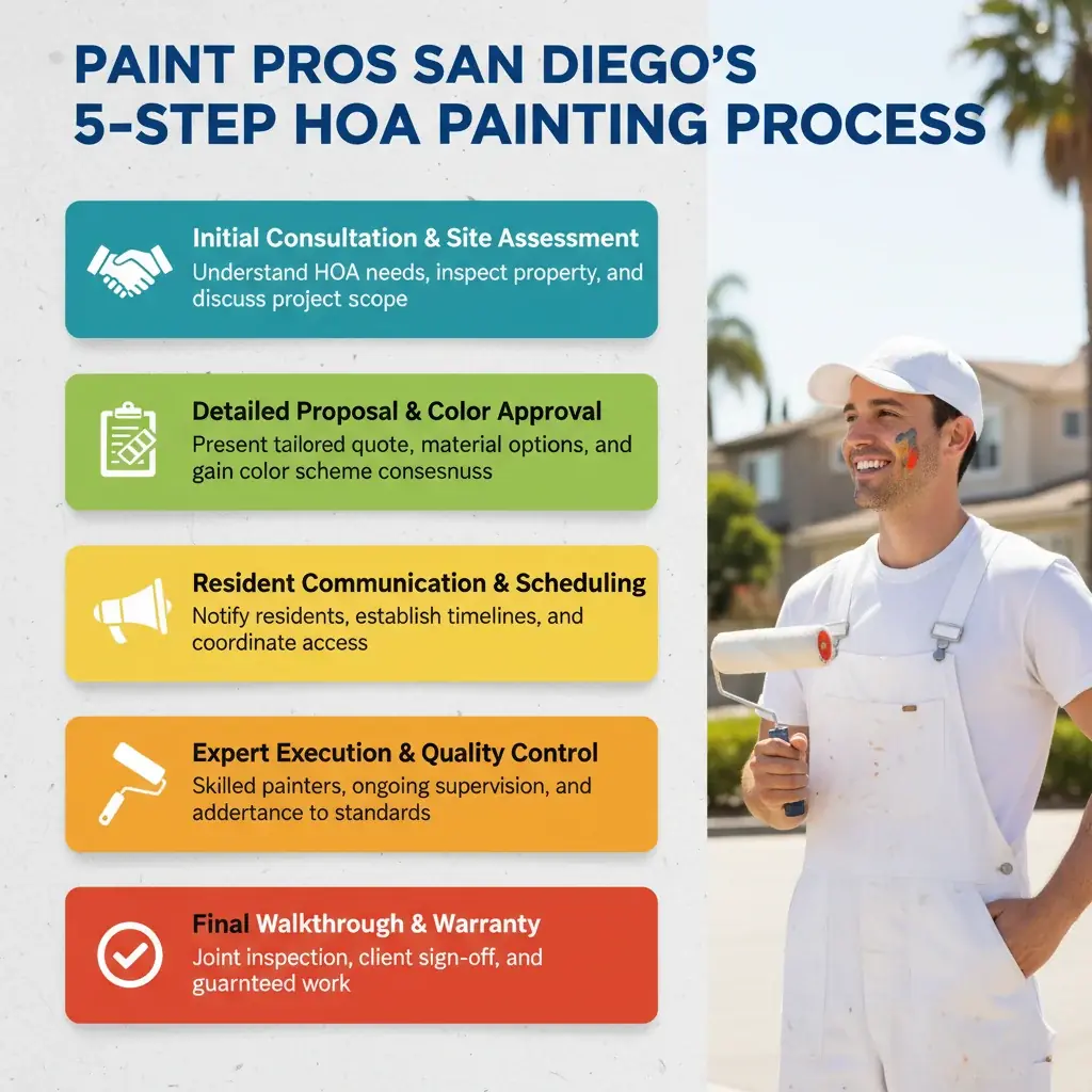 Infographic detailing Paint Pros San Diego's 5-step HOA painting process, including initial consultation, detailed proposal, resident communication, project execution, and final walkthrough.