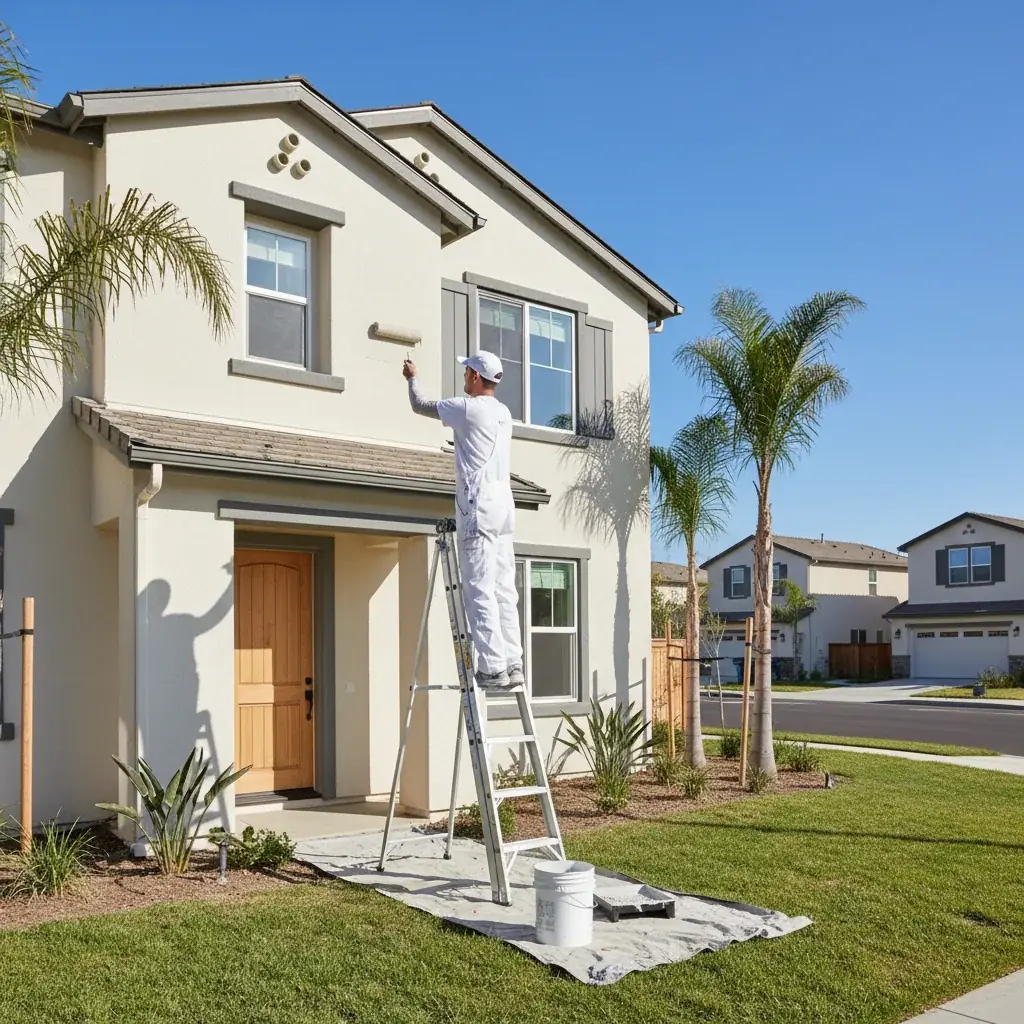 A two-story stucco home in a San Marcos master-planned community with a fresh exterior paint job.
