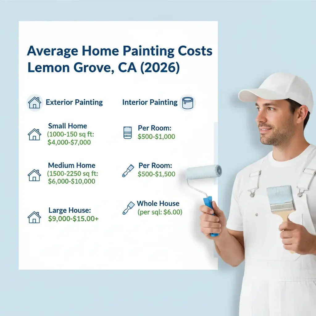 An infographic showing average 2026 house painting costs in Lemon Grove, CA, broken down by home size for both interior and exterior projects.