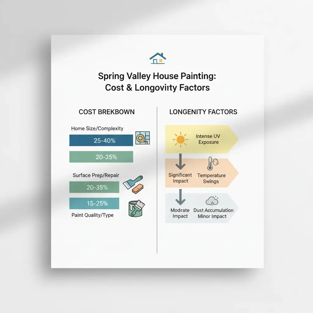 Infographic showing painting cost factors for La Presa and Spring Valley homes including home size, paint type, and sun exposure.