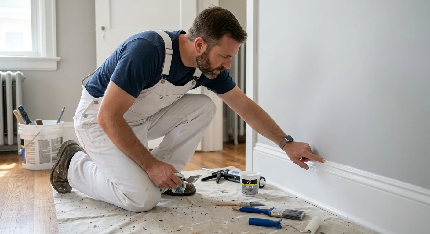 Independent painter checking a fresh caulk bead on baseboard trim