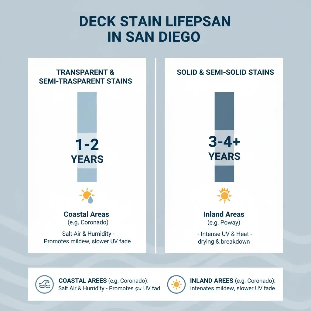 Infographic comparing deck stain lifespan in San Diego for different stain types and climates.