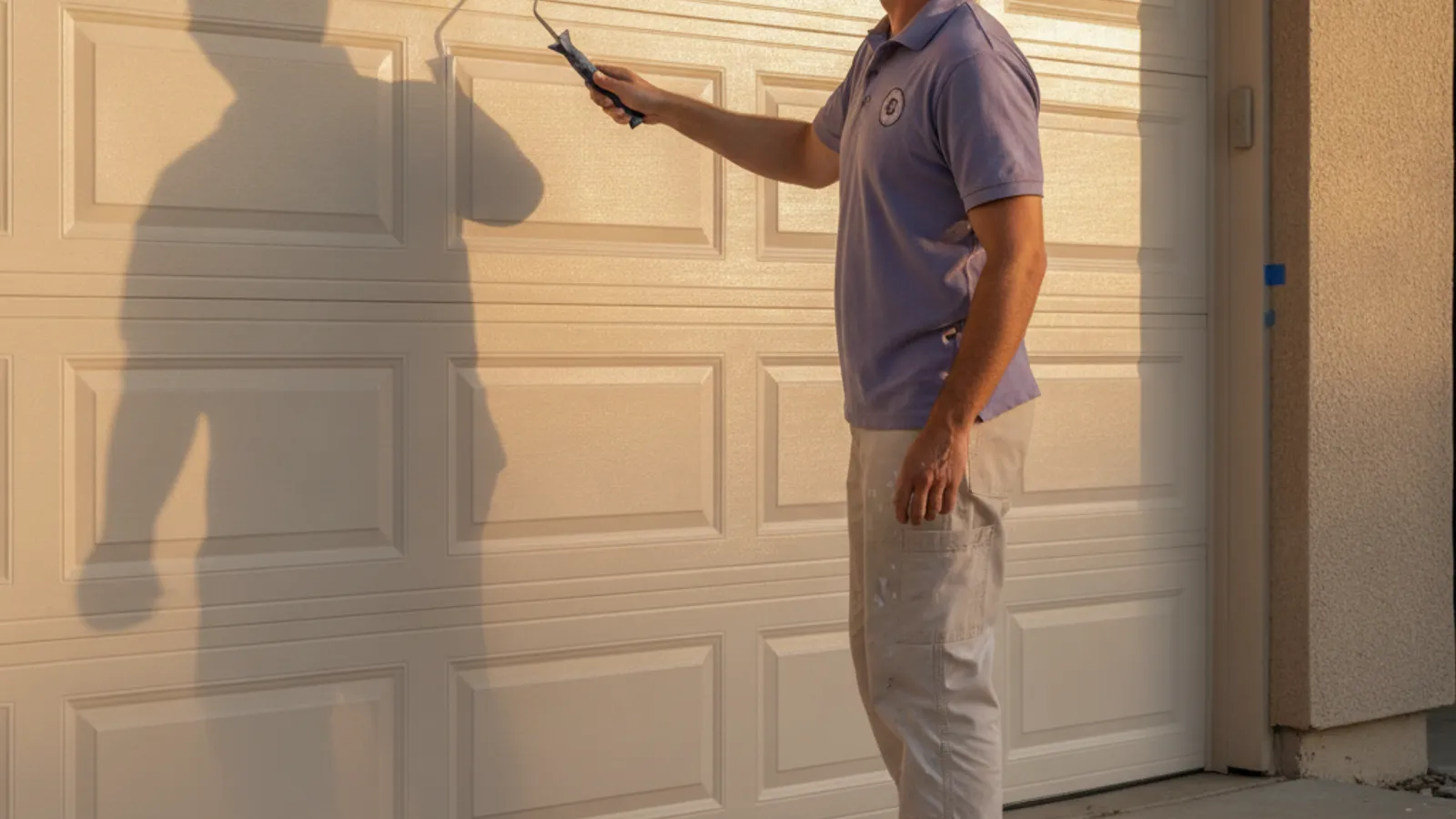 A painter rolling fresh satin enamel onto a steel sectional garage door in place on a San Diego driveway in afternoon light.