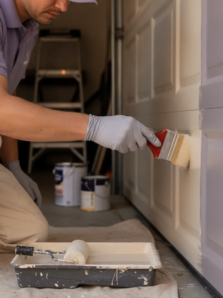 Close-up of a sash brush cutting fresh enamel into the recessed panel groove of a steel garage door before the roller blends the flat sections.