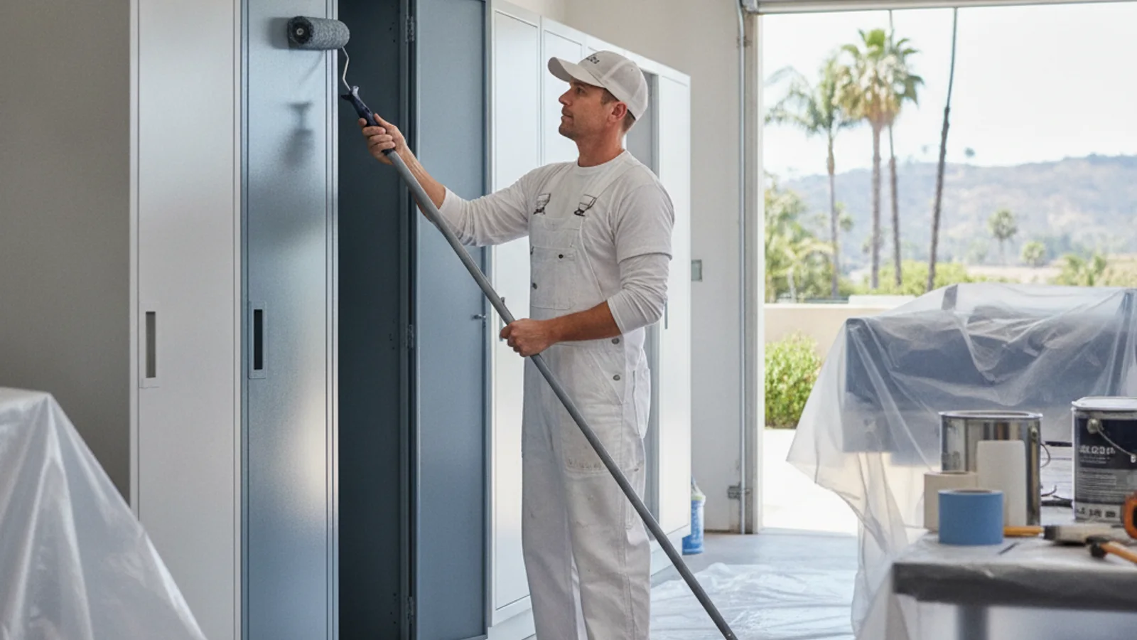 A facility manager and an independent painter inspecting steel and concrete surfaces inside a San Diego warehouse.