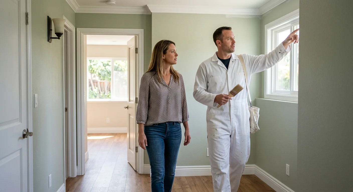 Vista homeowner and painter reviewing interior walls, ceilings, and trim