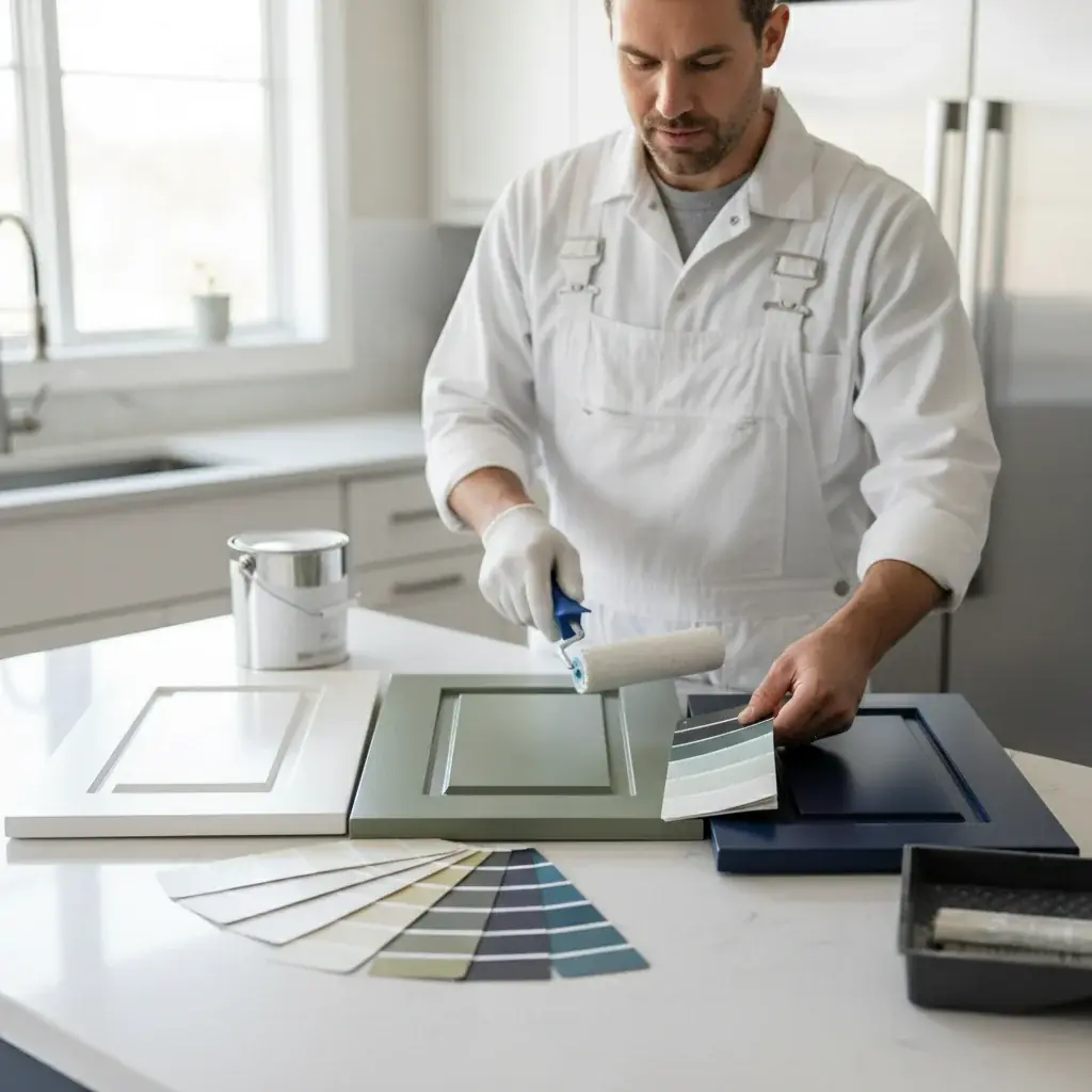 Three cabinet door samples in white, sage green, and deep blue laid on a counter