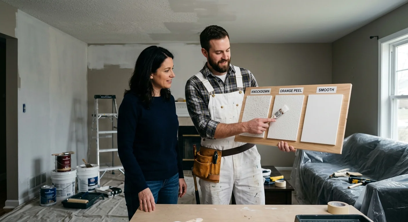 Painter showing a homeowner knockdown, orange peel, and smooth ceiling samples