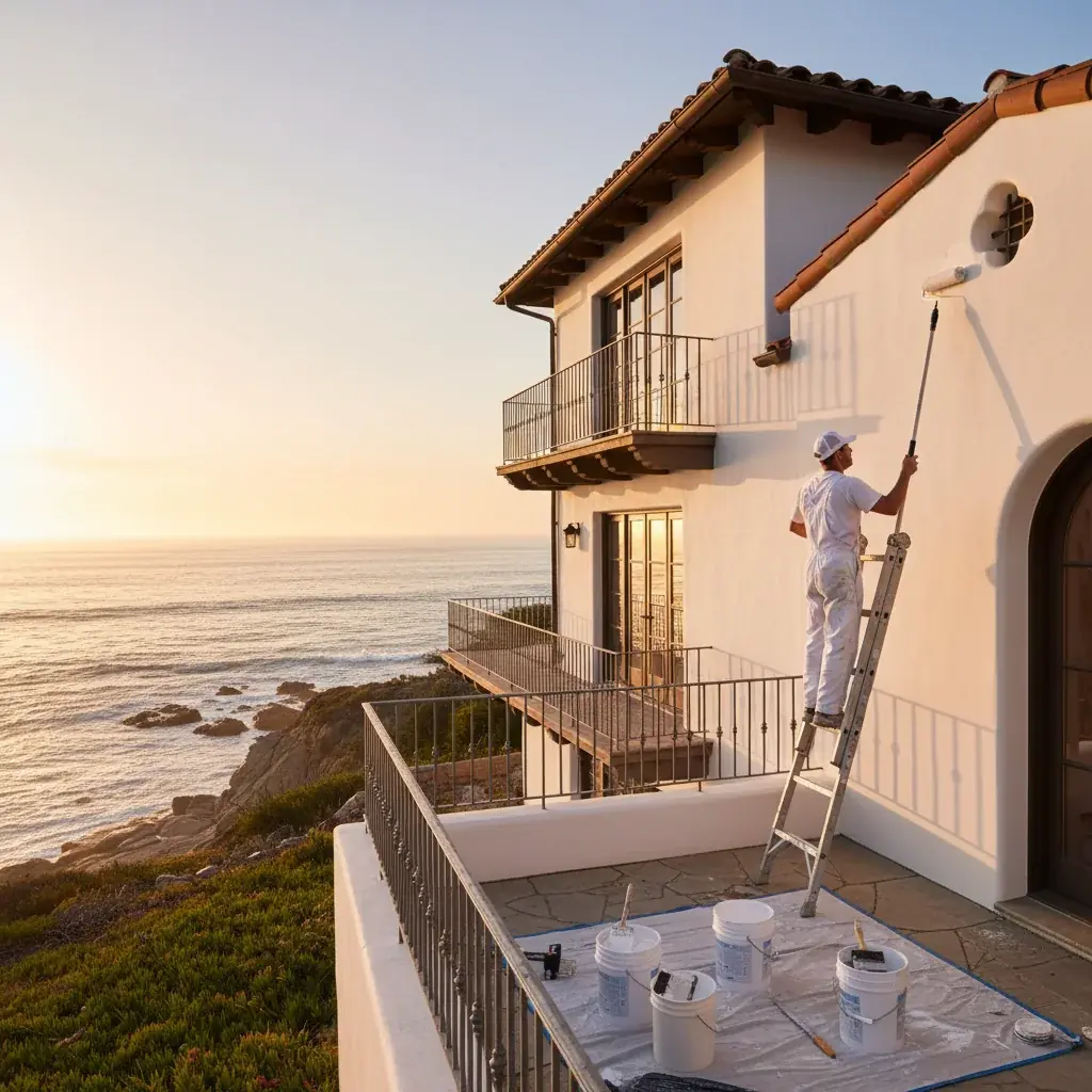 A two-story Carmel Valley home with a freshly painted exterior at golden hour.