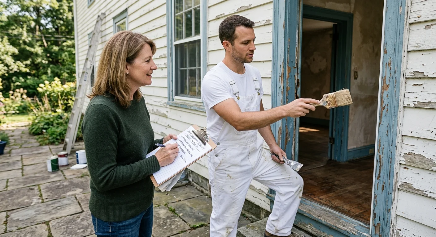Painter and homeowner reviewing older trim and siding before a San Diego repaint