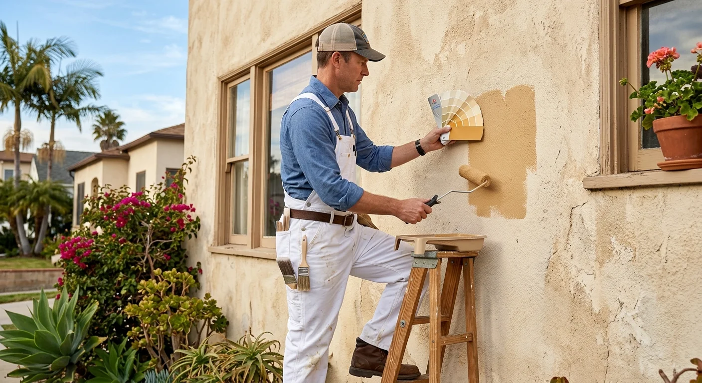 Color consultant comparing paint samples to sun-faded San Diego stucco