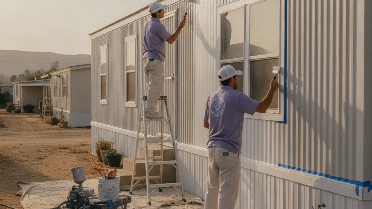 A single-wide mobile home in Spring Valley with metal siding being prepped and primed before repainting.