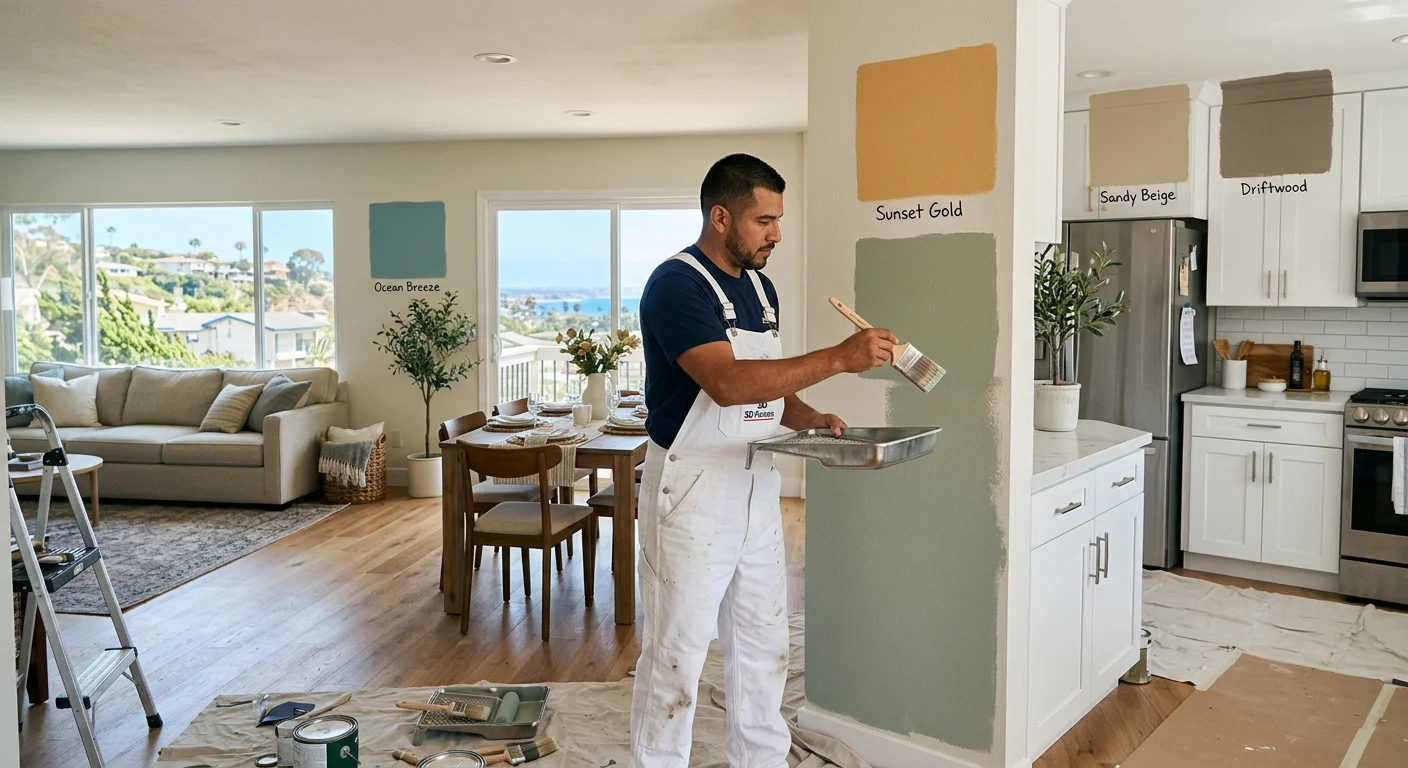 Coordinated paint samples in a San Diego open floor plan