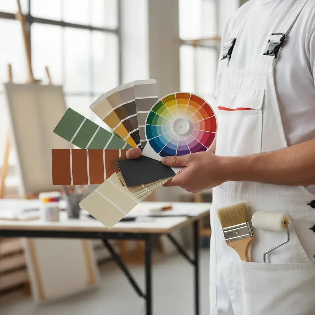 A color consultant's tools, including paint fan decks and a color wheel.