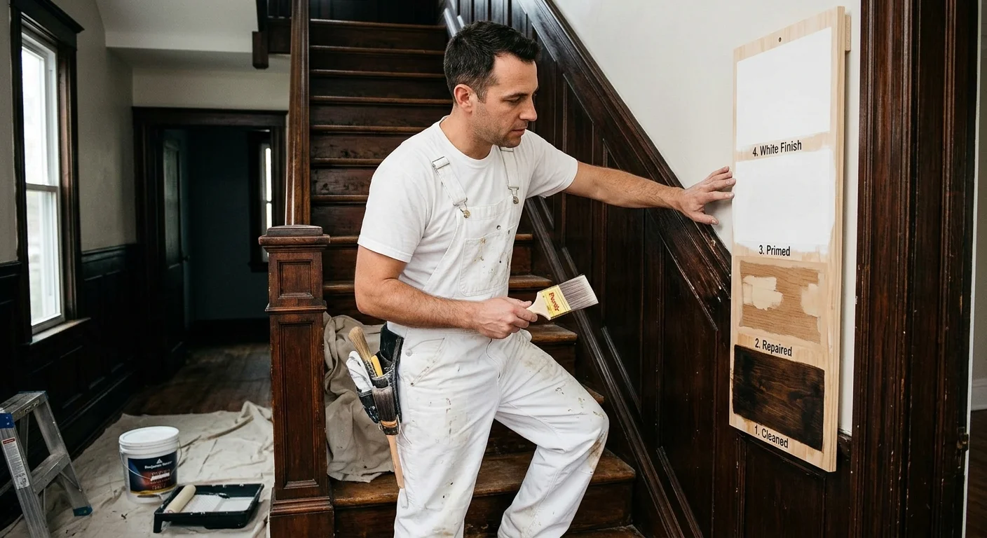 A painter comparing dark trim with white finish samples