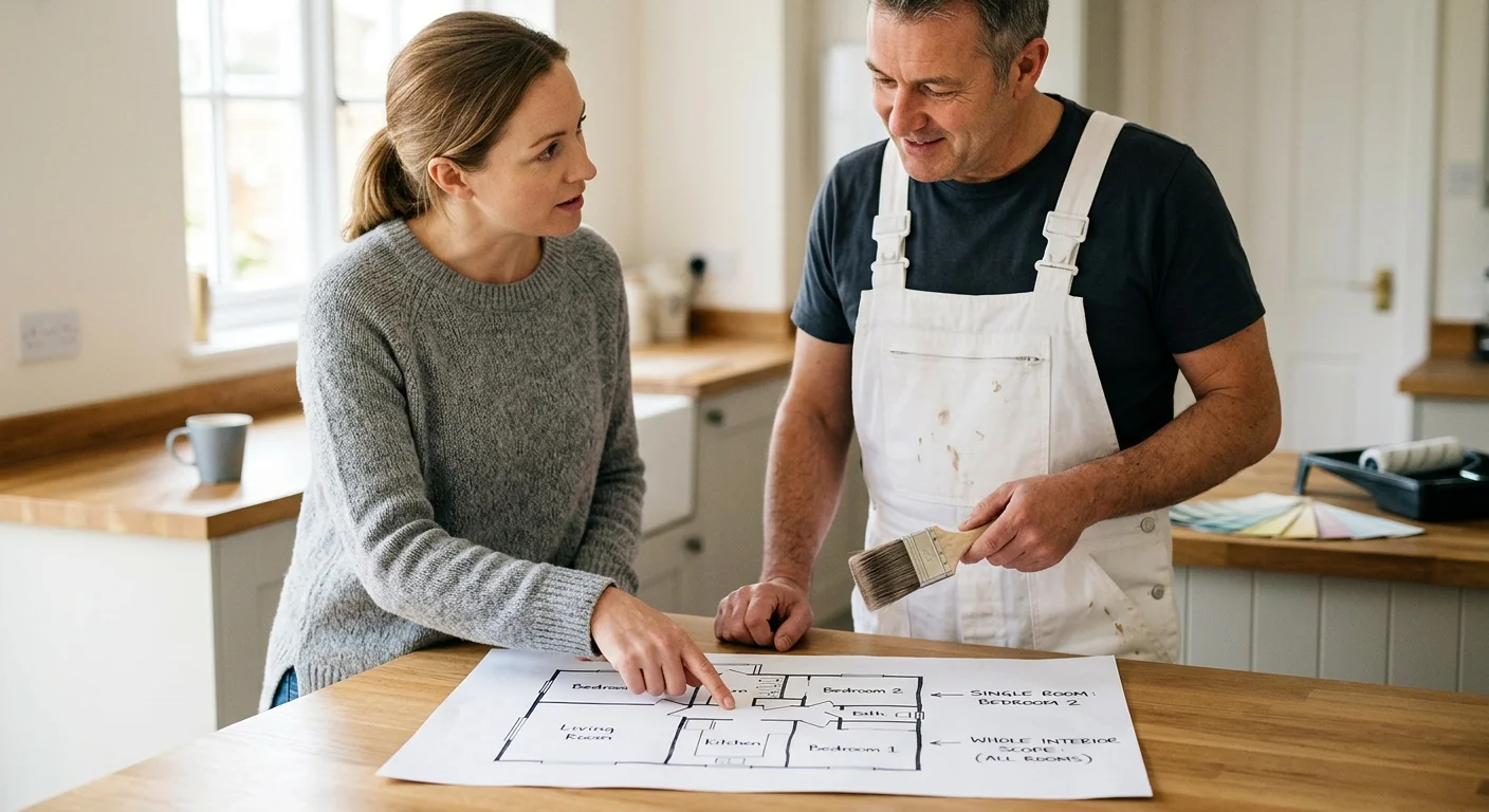 Homeowner and painter comparing a one-room plan with a whole-interior scope