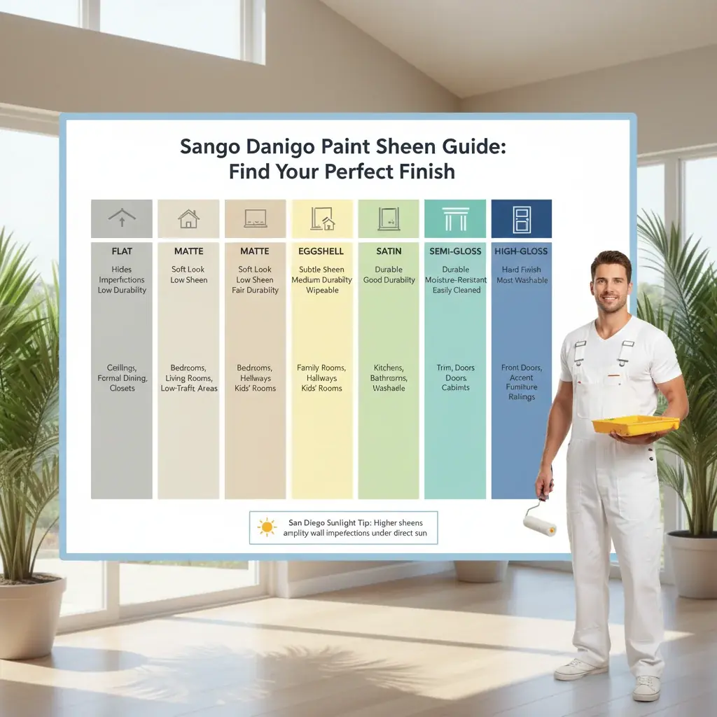 Infographic comparing paint sheens: Flat, Matte, Eggshell, Satin, Semi-Gloss, High-Gloss, highlighting their durability, washability, and recommended rooms for San Diego homes.