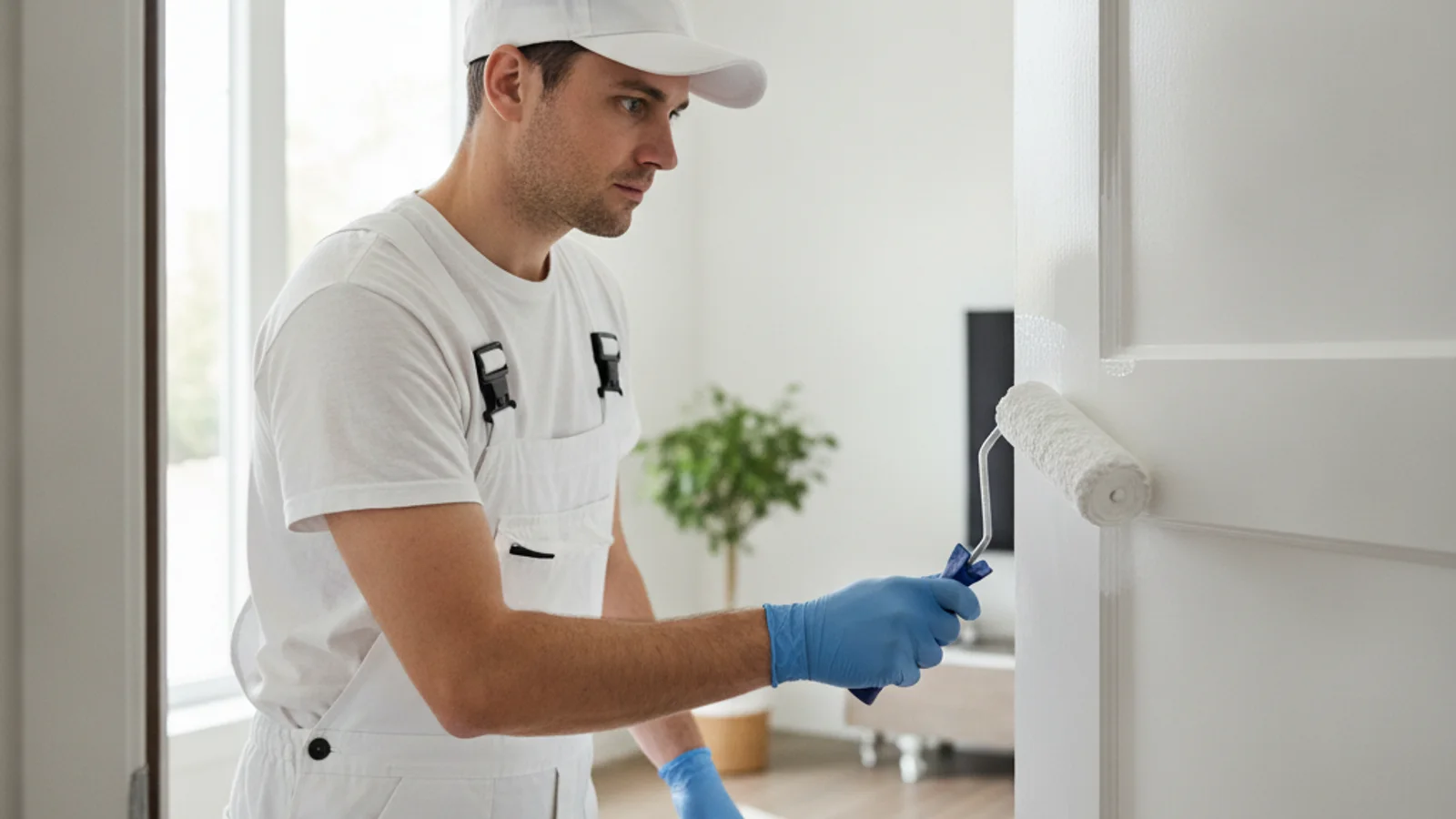 A freshly painted interior door sticking against its frame while an independent painter inspects the contact edge