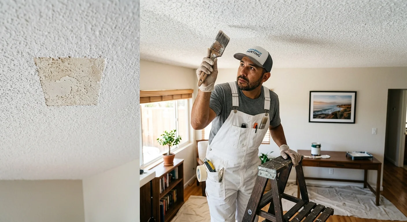 Painter inspecting a painted popcorn ceiling in a San Diego home
