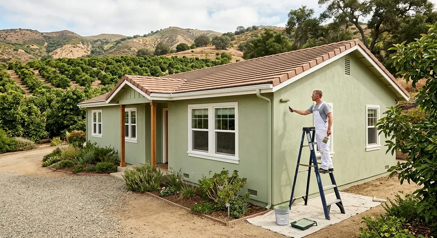 Freshly painted ranch-style home in rural Rainbow, CA, with rolling hills and avocado groves.