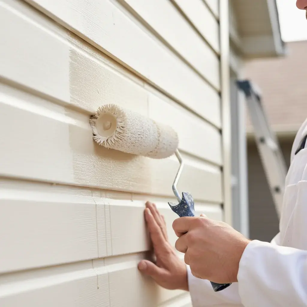 Painter rolling exterior paint onto vinyl siding panel, close-up of brush bristl