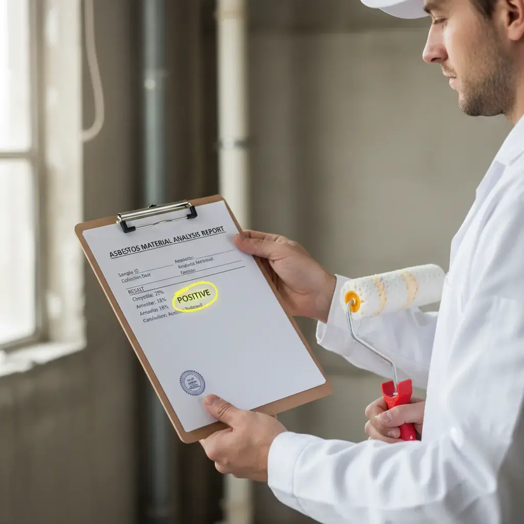 A lab report showing positive asbestos test results for a ceiling sample.