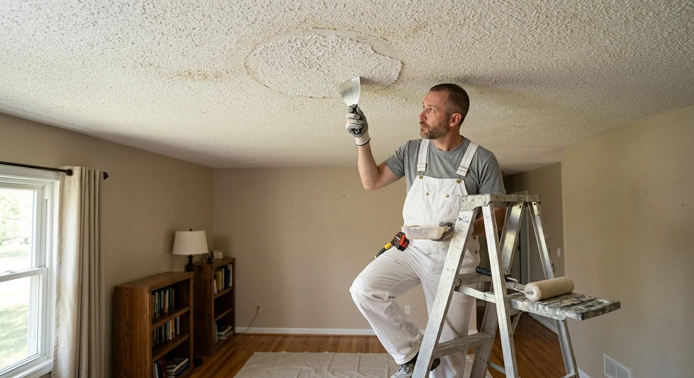 Independent ceiling pro inspecting a mismatched popcorn patch in San Diego