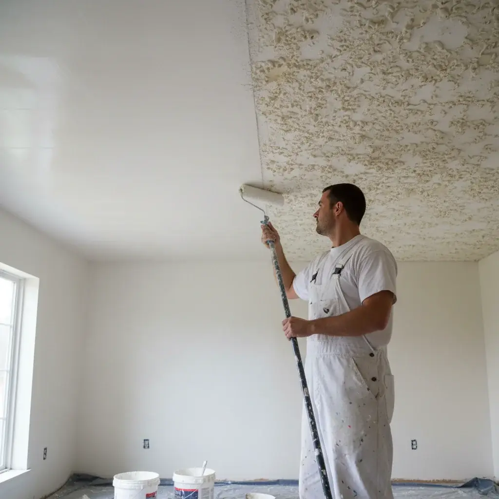 Smooth freshly skim-coated ceiling next to original popcorn texture, side-by-sid