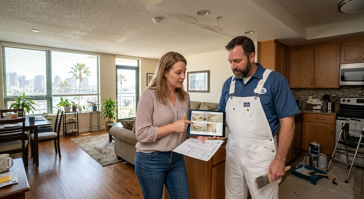 San Diego condo owner reviewing ceiling photos with a removal professional