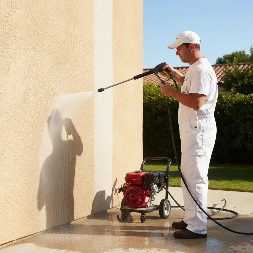Painter pressure washing a tan stucco wall with visible water spray and clean strip emerging on a sunny day