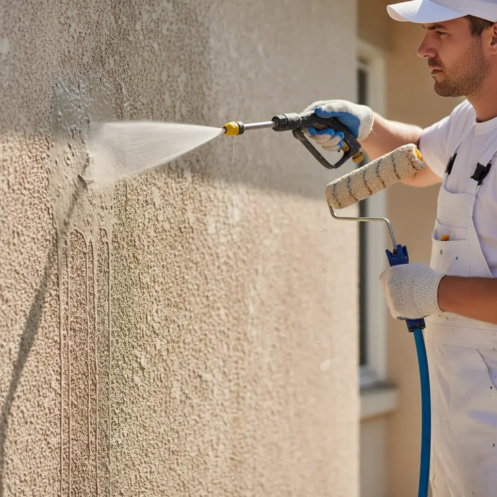Close-up of a 25-degree pressure washer nozzle tip against a stucco surface