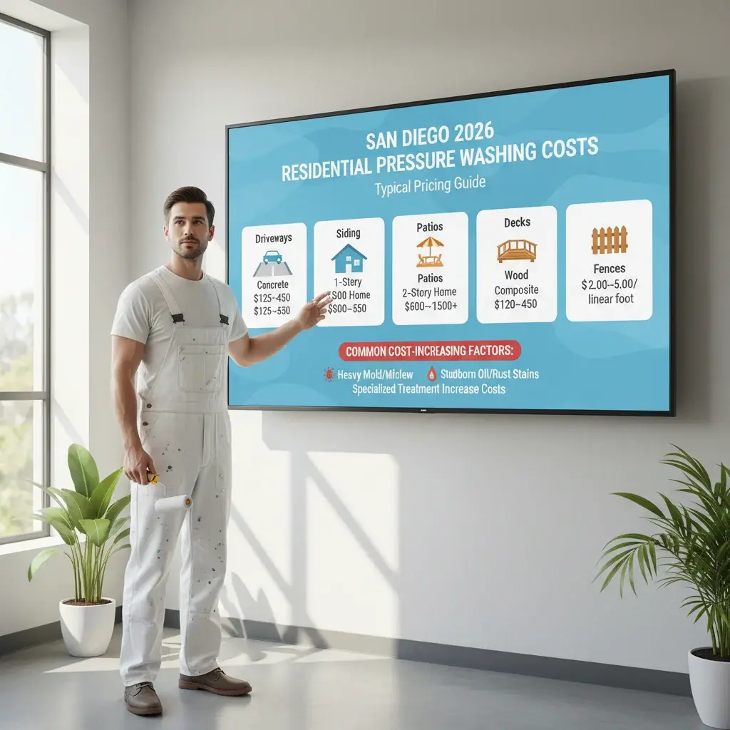 Infographic detailing average San Diego pressure washing costs for various surfaces like driveways, patios, siding, and fences, including factors that can increase prices.