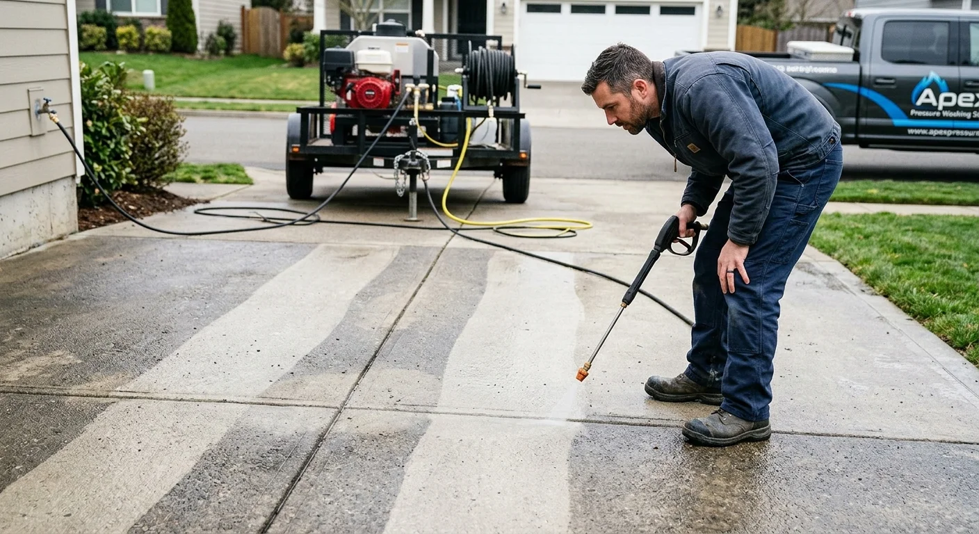 Striped concrete driveway after pressure washing in San Diego