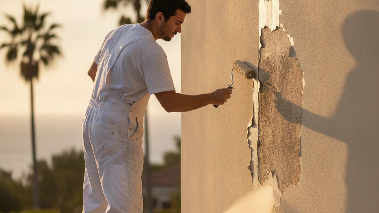 An exterior painting professional inspecting painted stucco for cracks and loose coating before deciding whether to pressure wash it.