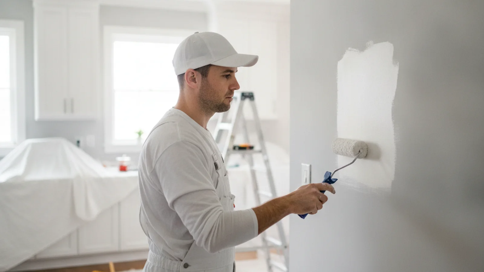 A painter rolling white primer over a patched drywall seam on an interior wall with natural window light.
