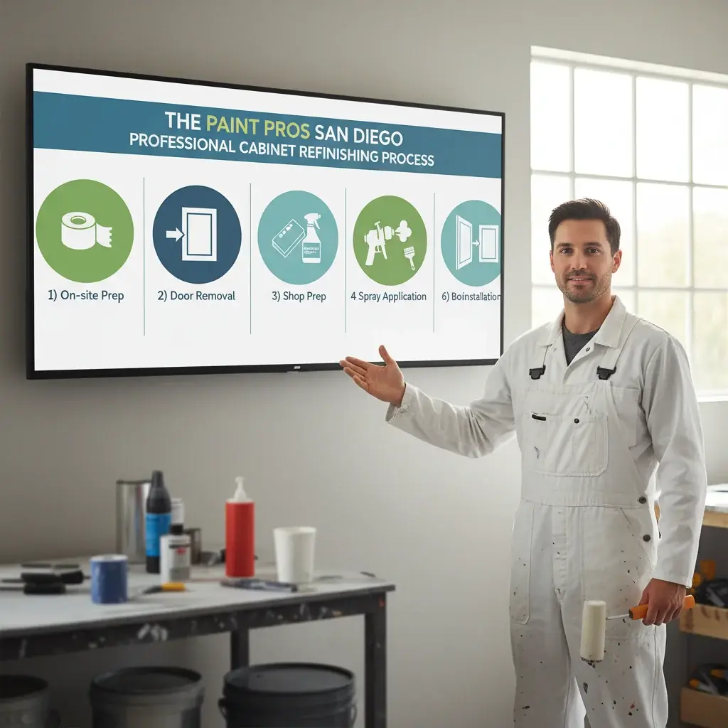 Infographic detailing the 6 steps of professional cabinet refinishing, from preparation to reinstallation, highlighting key actions at each stage.