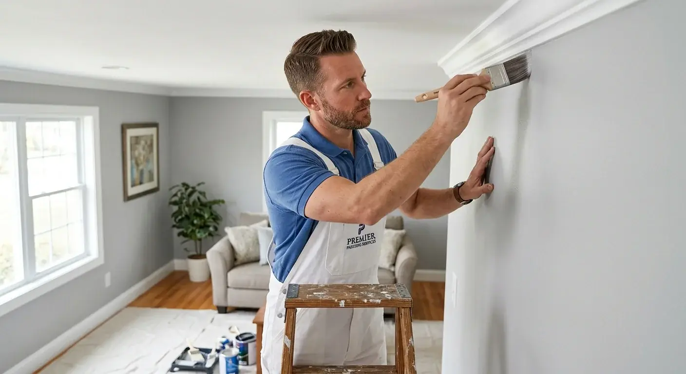 A professional painter, neatly dressed in company apparel, carefully cutting in the edge of a wall with a brush in a well-lit living room.
