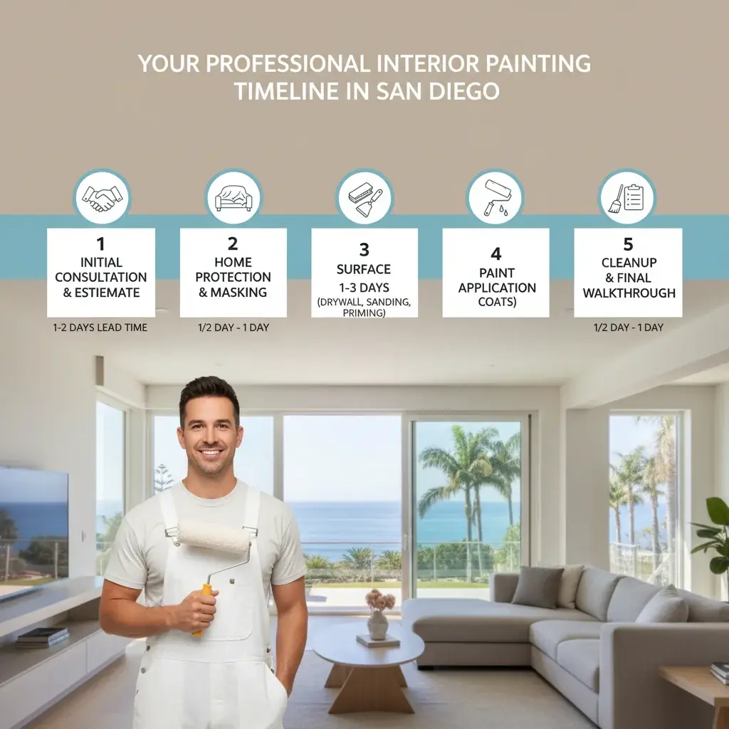 Infographic detailing the typical timeline for a professional interior house painting project in San Diego, broken down by process steps.
