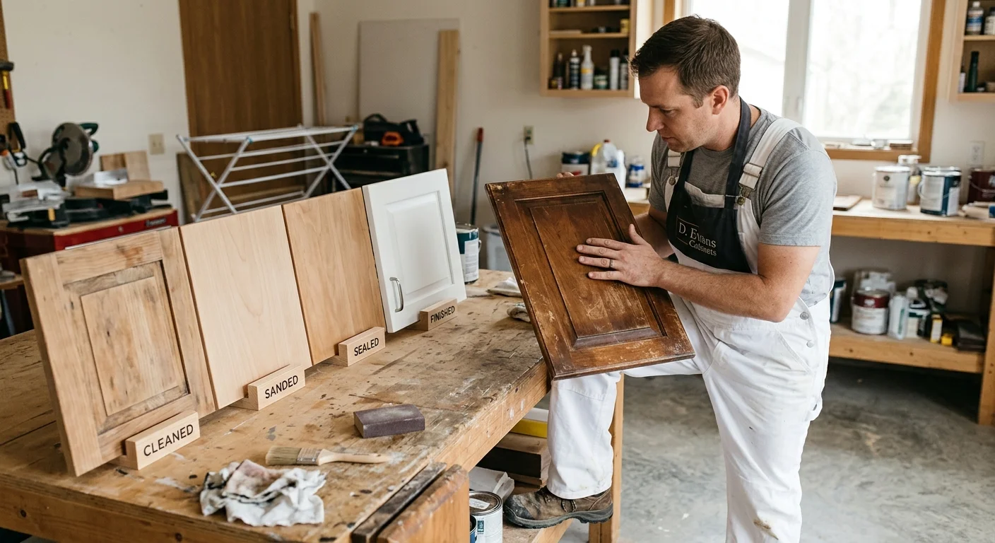 Painter inspecting a stained cabinet door beside prepared finish samples