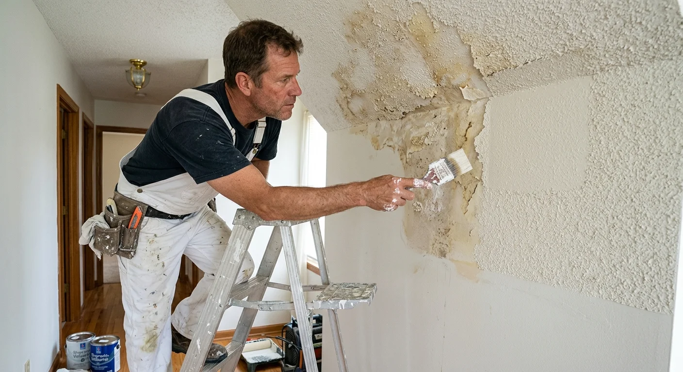 A painter inspecting damage beside a popcorn ceiling patch