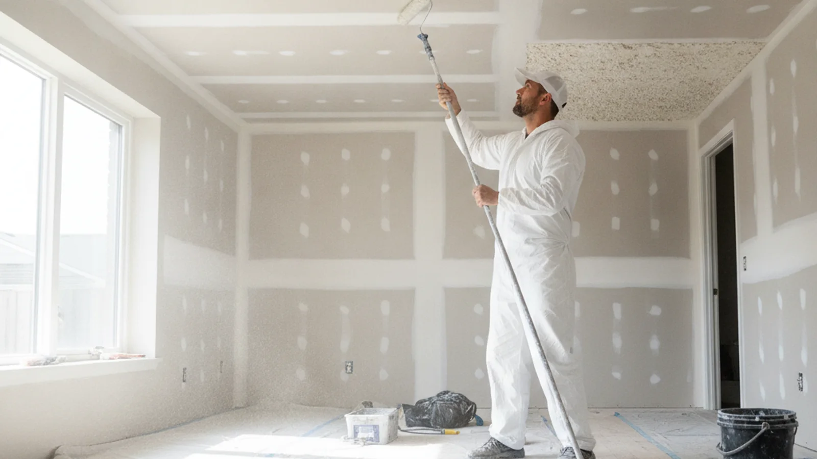 An independent painter inspecting a ceiling after popcorn texture removal, with one section skim coated and another awaiting preparation.