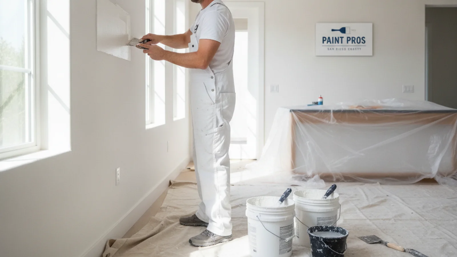 A painter pressing joint compound into a wall seam with a wide taping knife in an interior residential setting.