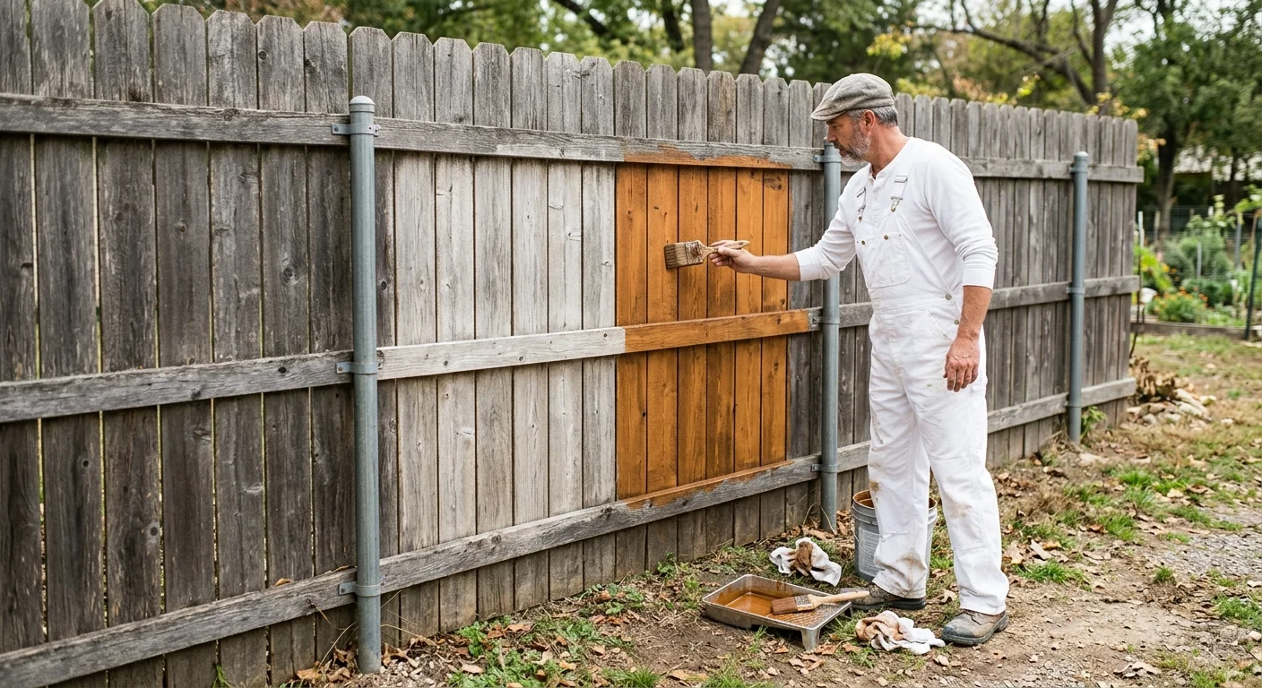 A painter inspecting gray fence boards beside prepared samples