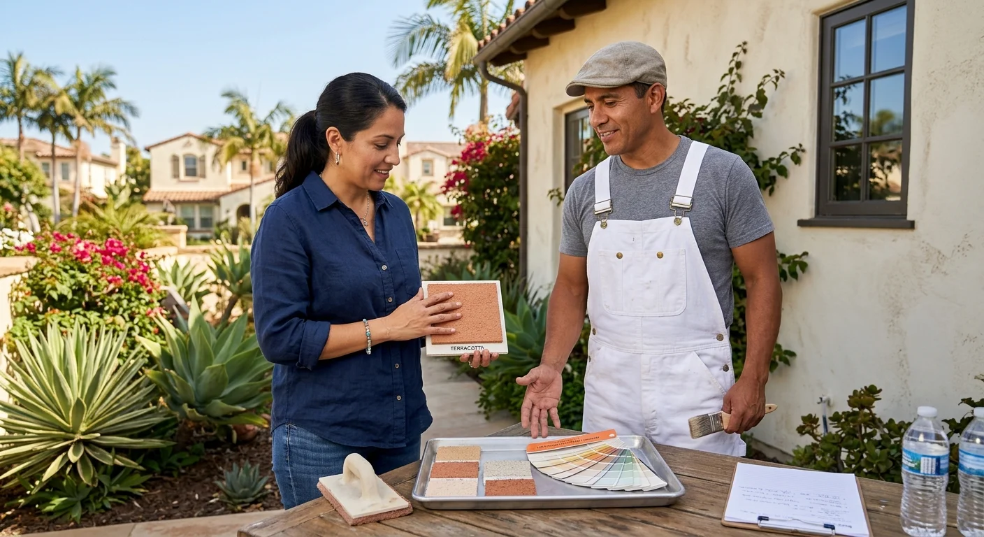 A San Diego homeowner comparing stucco color coat and paint samples