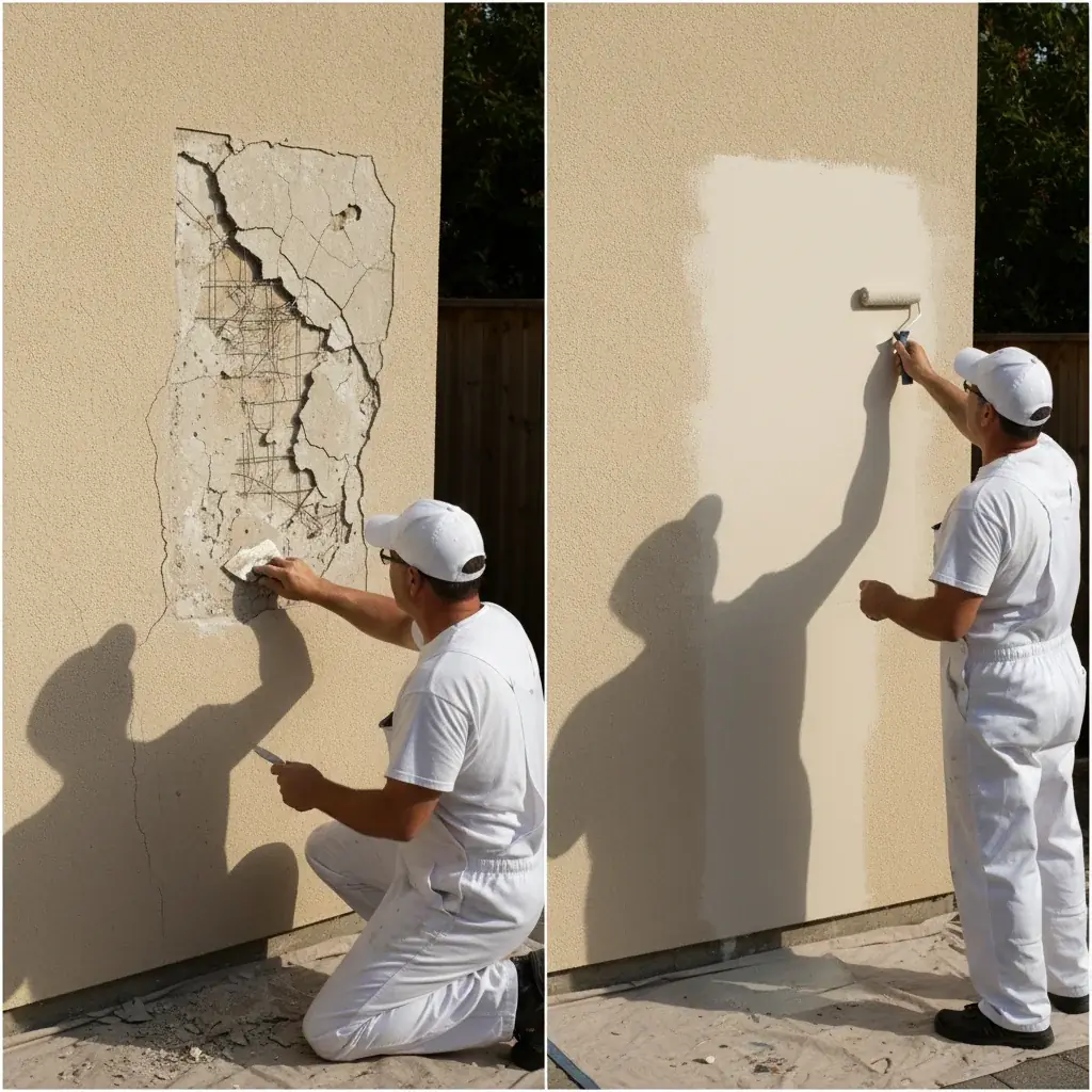 A painter inspecting a hairline crack at a stucco corner before patching and priming.