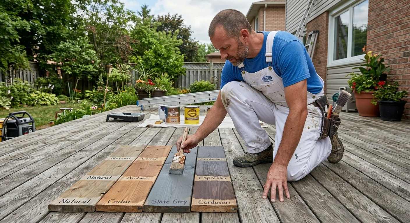 A painter inspecting stain samples on a weathered deck